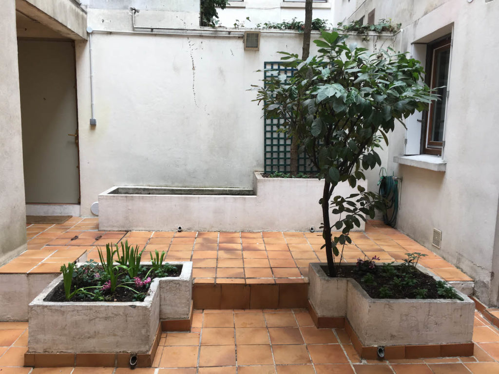 Vue d'avant projet du Patio Majorelle : les jardinières encombrent l'espace.