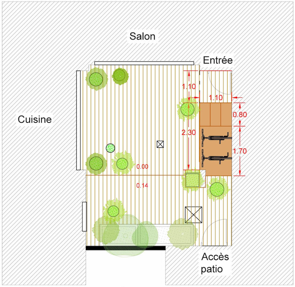 Plan masse présentant le projet de patio avant démarrage des travaux. © Kévin Clare paysagiste